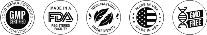 GMP Certified · Made in an FDA Registered Facility · 100% Natural Ingredients · Made in USA · GMO-Free